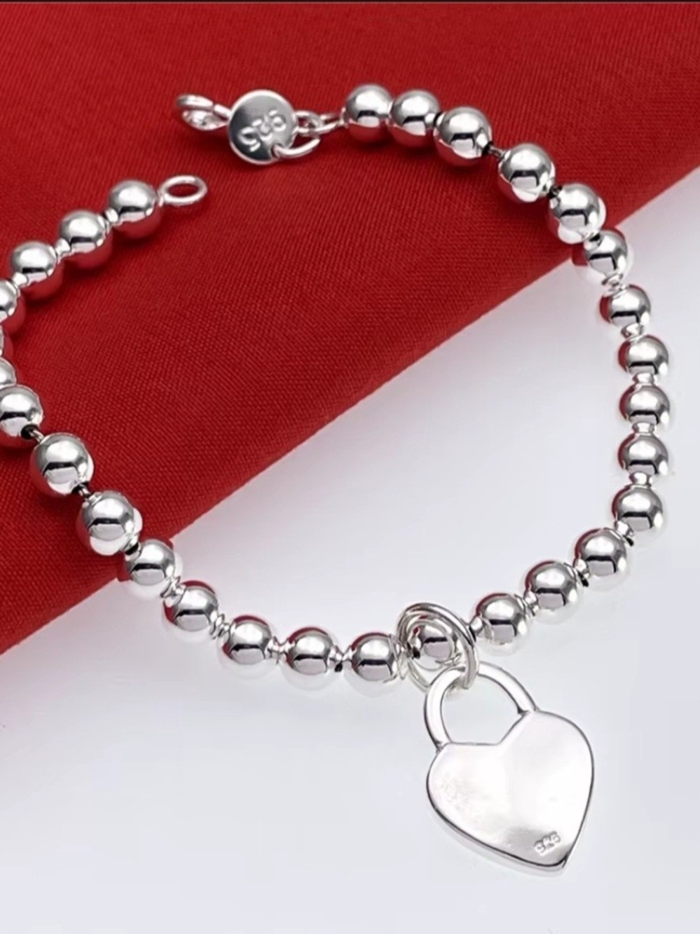 Sterling Silver Heart Padlock Bead Bracelet - Silver